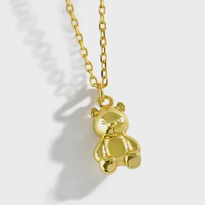 S925 Sterling Silver Custom Chain Pendant Cute 3d 18K Gold Teddy Bear Necklace
