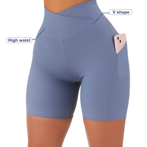 Pantalones cortos de gimnasio de tela elástica para mujer, <span class=keywords><strong>Shorts</strong></span> deportivos para correr y Yoga con bolsillos - Product Image 2
