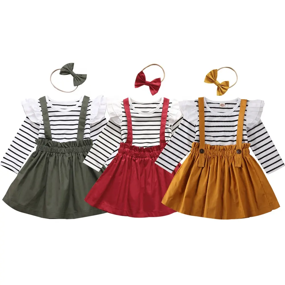 Sweet Kids Clothes Spring Boutique Baby Girl's Stripes Flutter Sleeve Tops & Suspender Skirt 2Pcs Clothing Sets