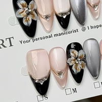 Faux ongles à presser faits à la main B280, forme amande, couvrance totale, motif floral 3D, style français pour doigts