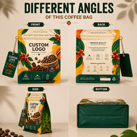 Sacs d'emballage pour café en mylar à fond plat imprimés avec la marque personnalisée, 250 g, pochettes en plastique avec cordon pour le stockage du café