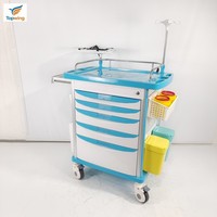Chariot d'urgence médical professionnel moderne en ABS à 5 tiroirs, mobilier hospitalier, poteau porte-perfusion, planche de RCP, utilisation en atelier