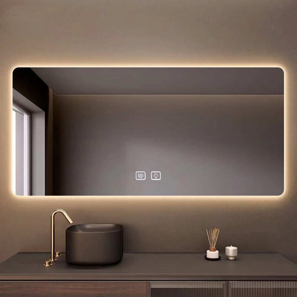 IP44 Rating Hotel Led Wall Mirrors Frameless Bath Mirrors Bathroom Lighted Glass Rectangle Touch Switch Modern 3000K-6000K