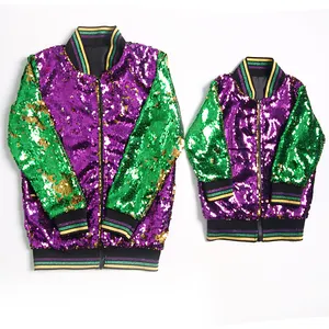 RTS Baby Kids Girl Mardi Gras Outfit Reversible Sequin Jacket Woman Zipper Golden Purple Green Top Shirt