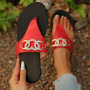 Nouvelles pantoufles plates pour femmes 2025, grande taille 36-43, avec boucle métallique décorative et motif chevrons - Product Image 6