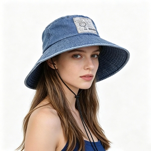 Sombrero de Pescador de Mezclilla Lavada con Parche, Sombrero de Algodón de Ala Ancha para Protección Solar, Ideal para Viajes al Aire Libre - Product Image 3