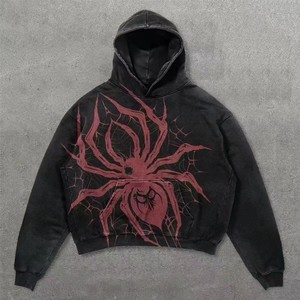 Felpa con Cappuccio con Grafica Punk di Ragno e Farfalla, Pullover Oversize Nero Effetto Lavato Retrò Unisex, Felpa Streetwear Grunge - Product Image 4