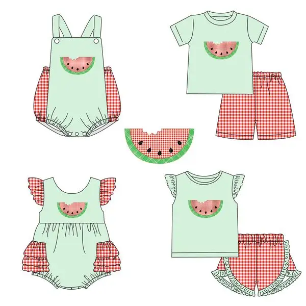 boy's clothing sets embroidery pattern seersucker fabric kids clothing