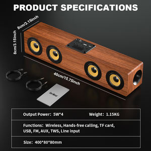 Barra de Sonido TWS de 4 Altavoces con Gabinete de Madera, Batería Recargable de 2000-3000mAh, Sistema de 2.0 Canales, Micrófono Integrado, Audio Bidireccional, Crossover - Product Image 2