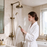 Système de douche pluie mural en laiton brossé antique, style européen, avec mitigeur, tête ronde, barre coulissante et jet doux