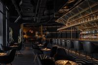 Concept d'intérieur de bar-restaurant 3D, plan de conception de comptoir de bar industriel pour boîte de nuit, ensemble moderne de table et de chaises pour bar