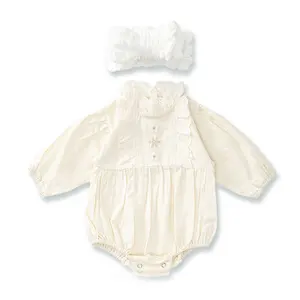 Macacão infantil de algodão, roupa infantil para recém-nascidos, macacão de verão simples, de cor branca, peça única, manga comprida, conjunto de renda