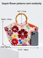 Tas Tote Wanita Gaya Pantai Bahan Poliester Berlapis Bordir Aplikasi 3D Bunga Payet Gagang Bambu Elegan Chic Terbaru