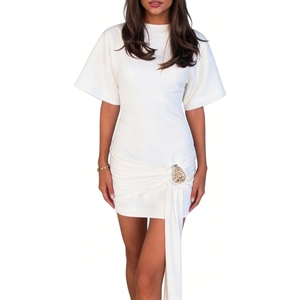 Vestido Mini de Manga Corta Oversize para Mujer con Cintura Fruncida, Detalle de Hebilla Metálica y Cola Larga, Vestidos de Moda - Product Image 3