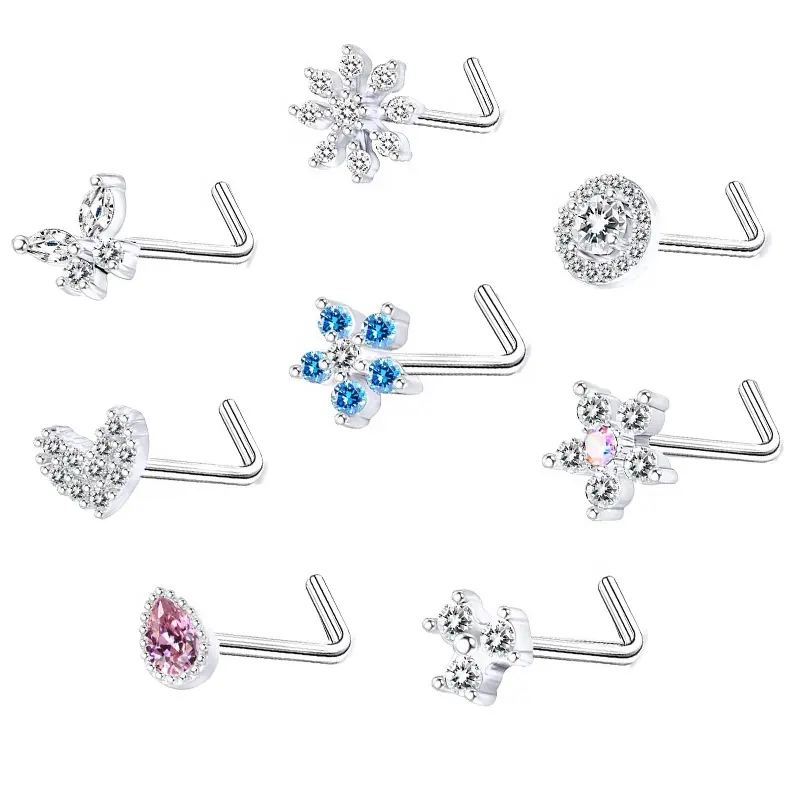 Wholesale Stainless Steel Pin Nose Rings Stud Flower Cz Snowflake Butterfly L Shaped Nose Stud Body Piercing Jewelry