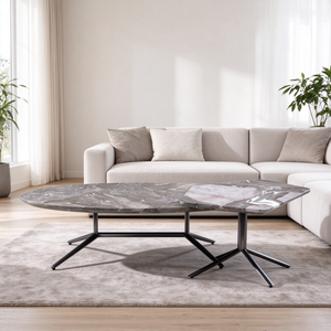 Marble Nesting Coffee Table Set of 2 Round Gray Stone Top Spider Legs <b>Black</b> <b>Metal</b> <b>Frame</b> Living Room Center Table Villa Lounge - Product Image 2