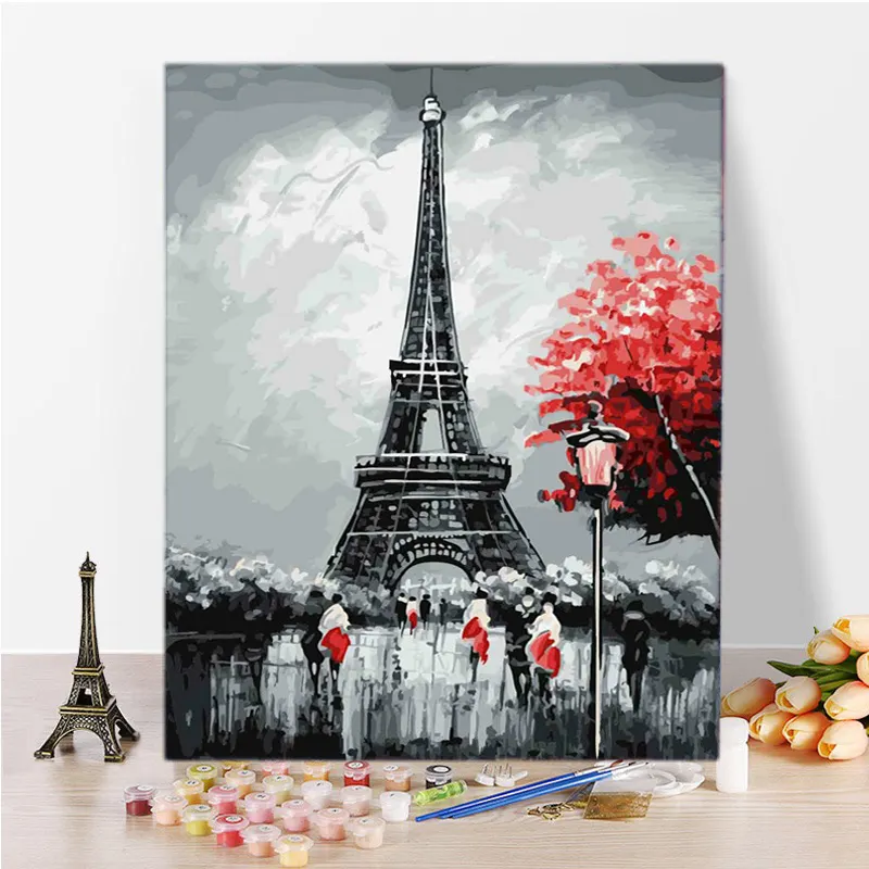 Decoración del hogar la Torre Eiffel en Francia pintura al óleo DIY lienzo pintura por número conjunto