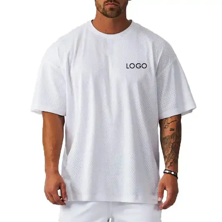 Kaus olahraga pria, ukuran Plus pakaian olahraga polos kaus dalam tahan keringat jaring jatuh tanpa kelim