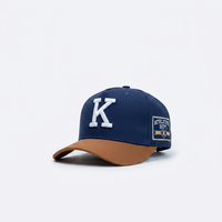Casquette de baseball vintage personnalisée à broderie 3D en relief, bicolore marine et beige, 5 panneaux structurés, visière incurvée, patch en tissu tissé, fermeture snapback