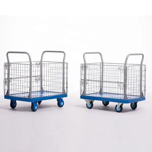 600*900mm Blue Silent 300kg Wire Transport Platform Trolley Cart With Mesh Sided Trolley For Transport