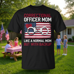 T-shirt pour maman officier correctionnelle, comme une maman normale mais avec un motif drapeau américain en relief - Product Image 3