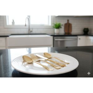 Ensemble de couverts en acier inoxydable doré écologique sur assiette blanche pour fête dans une cuisine moderne - Product Image 1