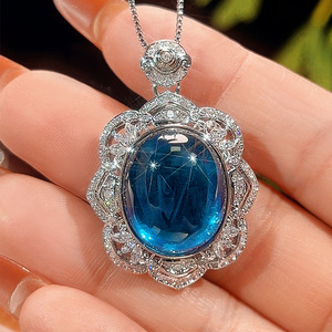 High Quality Jewelry Eco-friendly Copper Silver Plated 15*18mm Red & <b>Blue</b> Zircon Flower <b>Necklace</b> Set for Romantic Daily Style - Product Image 5