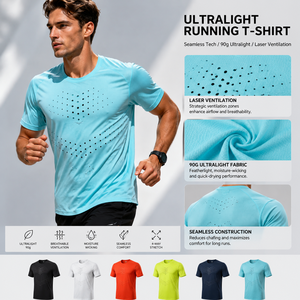 Camiseta deportiva sin costuras para hombre, con perforación láser personalizada, de secado rápido, 90 g/m², malla ultraligera, para maratón, eventos de club. - Product Image 1