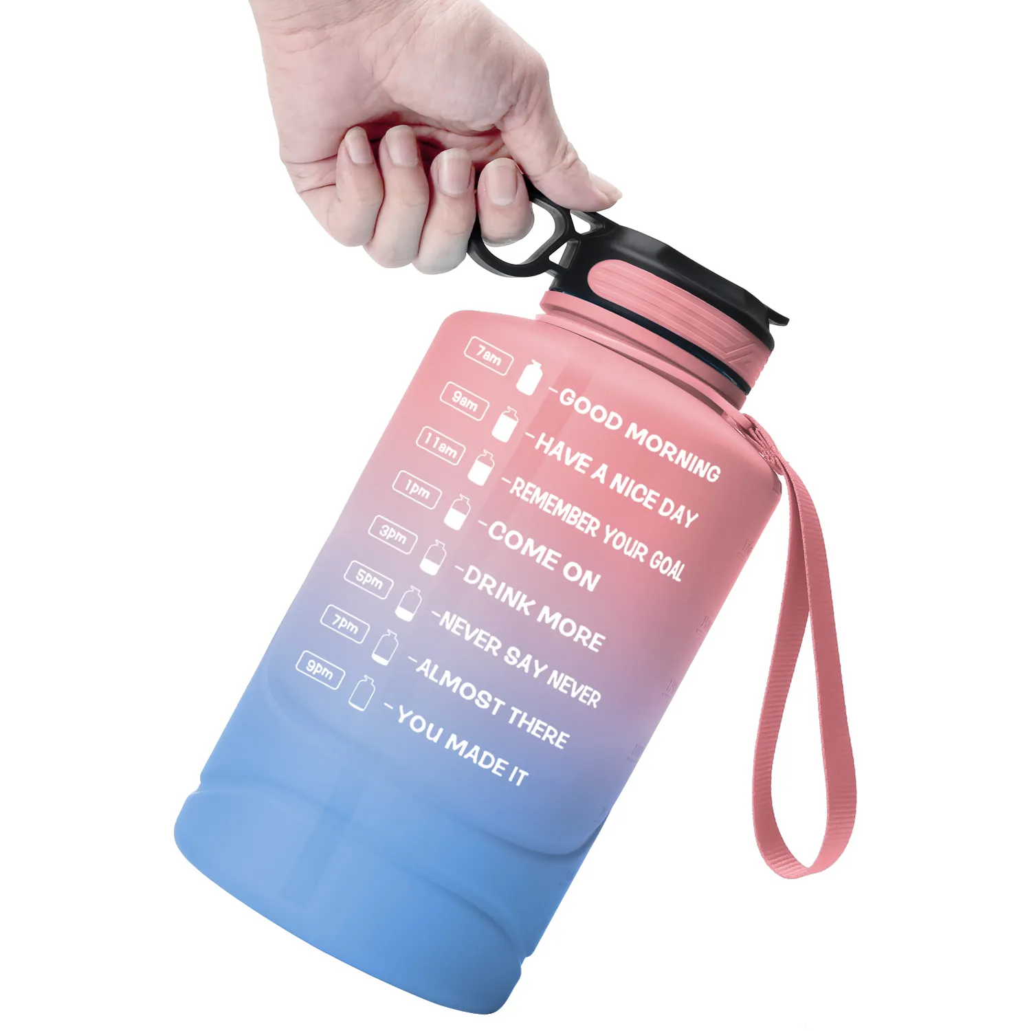 Eco friendly Portable Gradual Color Motivational Half Gallon /2.2L Gym Water Bottle With Time Marker For Camping and Hiking