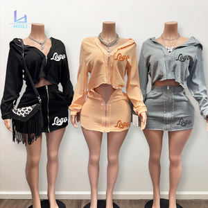 Huili New Trending Custom Logo Soft Breathable Raw Hem Hooded Top &amp; Zipper Mini Skirt Outfit Hoodie Two Piece Set Women <strong>Clothing</strong> - Product Image 1