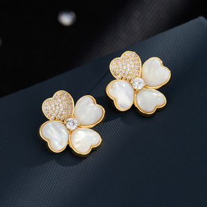 Flower Stud <b>Earrings</b> Natural Seashell Four Leaf Clover 14k Gold <b>Post</b> S925 Silver Needle Fashion Jewelry For Everyday Wear - Product Image 1