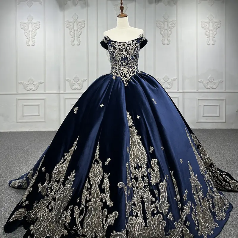 Jancember 9867 Velvet Elegant Blue Prom Off Shoulder Ball Gown Evening Party Dresses