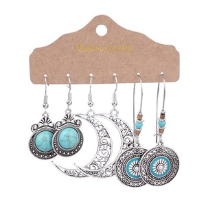 Boucles d'oreilles pendantes en alliage de bijouterie fantaisie, incrustation turquoise, plumes, style bohème, pour femmes, lot de boucles d'oreilles - Product Image 5