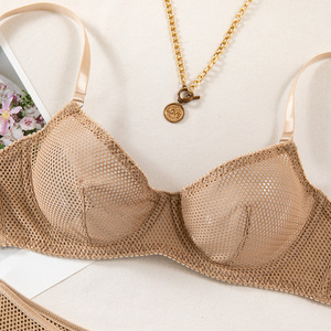 Oem Khaki Stretch <b>Fishnet</b> Hollowed Out Bra and Brief Set Sexy Two-Piece Lingerie Set for Women - Product Image 6