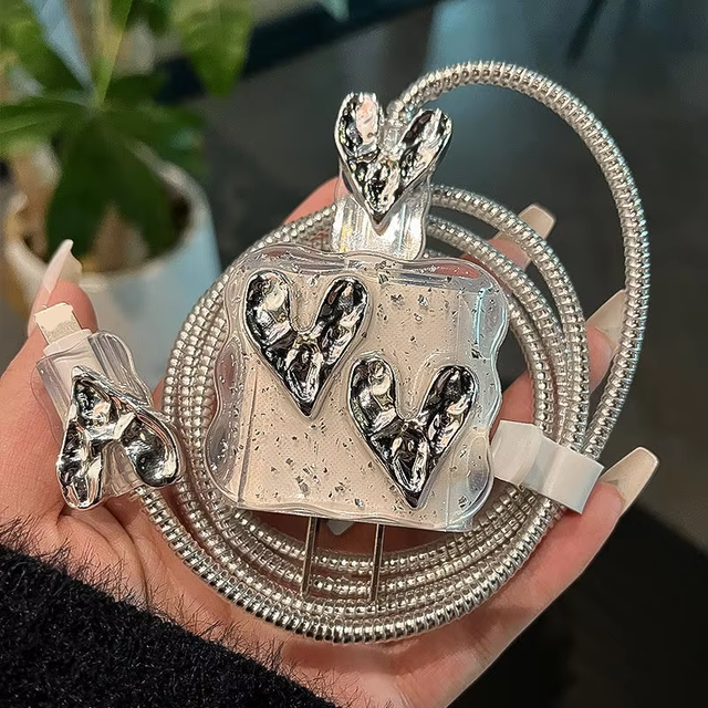 Cute 3D Silver Love Heart Wave Border USB Cable Protector Cover for iPhone 18W/20W Data Line Bite Head Cord Fast Charging Case