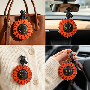 Llavero Original de Cuero PU con Flor, Colgante de Corazón Metálico Hecho a Mano, Adorno para Bolso - Product Image 4