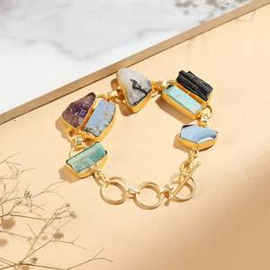 Pulsera de piedras múltiples con acabado chapado en oro para mujer, diseño de joyería gruesa de piedra natural hecha a mano para fiestas y bodas - Product Image 6