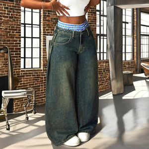 Jeans Salopette Street Style Personnalisée Taille Basse Haute Qualité avec Broderies Respirante Délavée Effet Vieilli Décontractée - Product Image 1