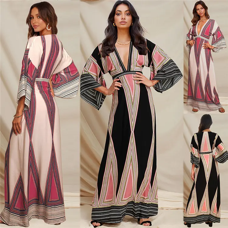 Spring Summer 2022 Plus Size New Style Deep V-neck Indian Pattern Loose Casual Long Dress Cross-Border Dress For Women
