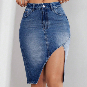 Falda <span class=keywords><strong>Midi</strong></span> vaquera ajustada asimétrica de cintura alta personalizada para mujer, dobladillo con borde de corte rasgado con bolsillos y botones, informal, otoño - Product Image 1