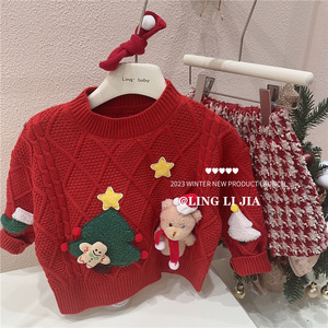 Girls Winter Sweater Set Thick Knitted Top And Skirt Checkered Cartoon Pattern Cotton Children Outfits - Product Image 2