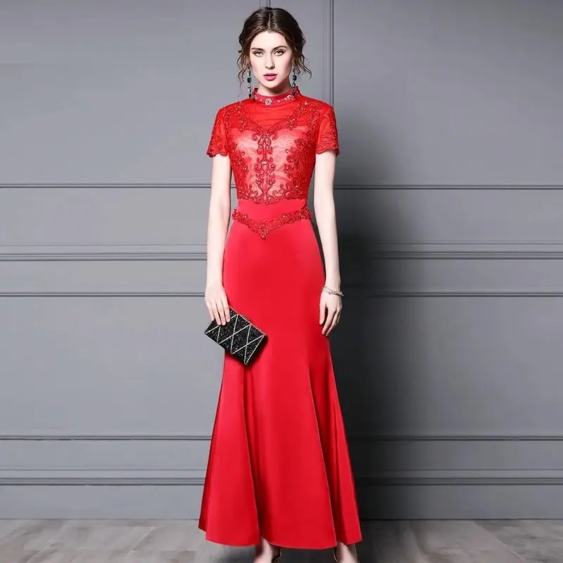 Luxury Dress 2021 Spring Summer Long Party Wedding Women Stand Neck Lace Embroidery Beading Deco Sexy Mermaid Yellow Long Dress