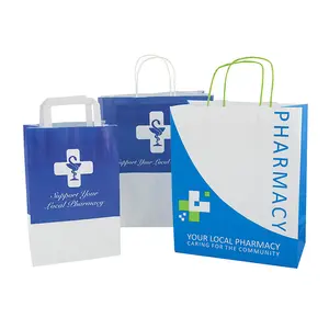 Supply wholesale on-demand customization self standing refuse bags White dispensary pharmacy bags paper with handles