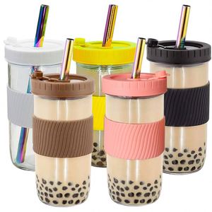 Lot de 2 bocaux Mason à large ouverture de 24 oz pour smoothies, avec couvercles en verre, pailles en acier inoxydable, brosse de nettoyage, réutilisables, pour voyage, pour bubble tea, conformes aux normes alimentaires - Product Image 2