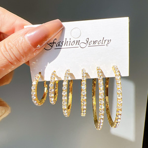 European and American fashion shiny <b>earrings</b> high sense creative simple rhinestone exaggerated large, medium and small ring - Product Image 3