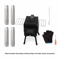 Poêle à bois de camping avec revêtement noir, pliable, avec supports latéraux, grande fenêtre en verre pour une utilisation en extérieur
