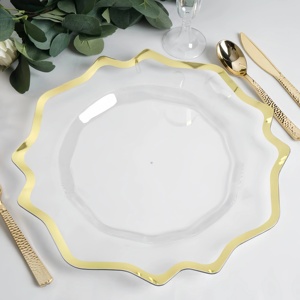 Platos de plástico transparente de 13 pulgadas con diseño de plantas, estilo americano, platos redondos transparentes para la cena con borde dorado - Product Image 3