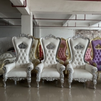 Chaise Trône de Luxe Bleu Ciel avec Couronne Argentée, Dossier Haut, Sculptée à l'Occidentale, pour Mariages et Événements, Fabrication Personnalisée