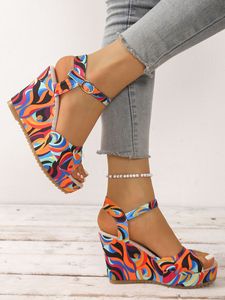 Sandales romaines compensées à bout ouvert et boucle pour femme, nouvelle collection été, color block, semelle épaisse, en stock - Product Image 6