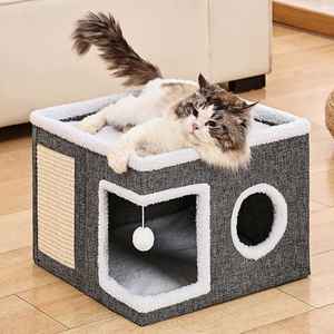 Maisons et condos pliables pour chats avec boule moelleuse et tapis à gratter, lit pour chat recouvert et pliable pour plusieurs petits animaux - Product Image 1